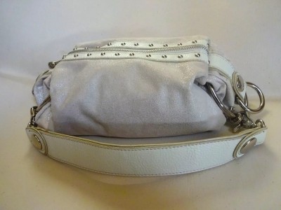 Kathy Van Zeeland Shimmery White hobo Biker Handbag Buckle & Studs Hardware