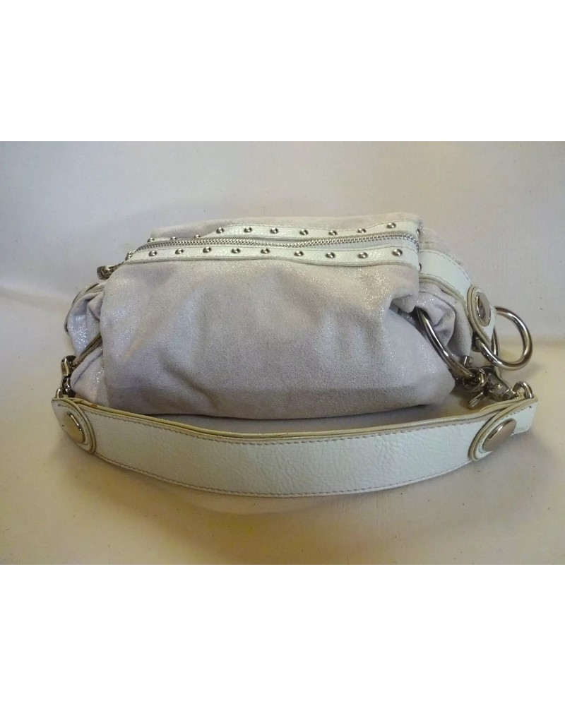 Kathy Van Zeeland Shimmery White hobo Biker Handbag Buckle & Studs Hardware