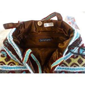 Christiana Beaded Tapestry tote Bag cherry / Blue hand made Bohemian NEW